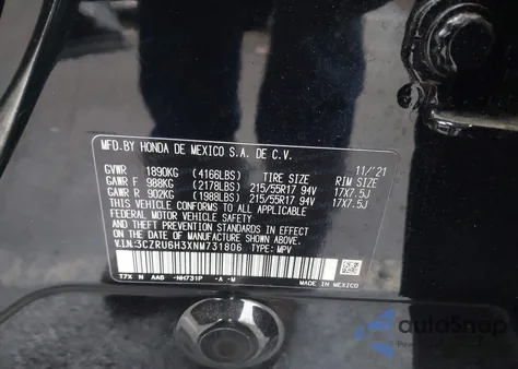 2022 Honda Hr-V Awd Lx from USA, damaged, VIN 3CZRU6H3XNM731806